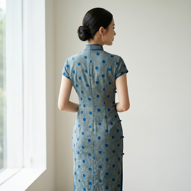 Grey-Blue Polka Dot Xiangyunsha Qipao | 100% Mulberry Silk Flower-Lo Jacquard Cheongsam - LUXE ORIENTA - Luxe Orienta CO., LIMITED