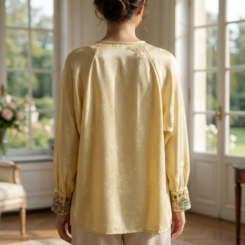 Beige Apricot Silk Phoenix Jacquard Oriental Blouse with Frog Buttons | 100% Mulberry Silk Top for Mamian Skirt Styling - Luxe Orienta CO., LIMITED