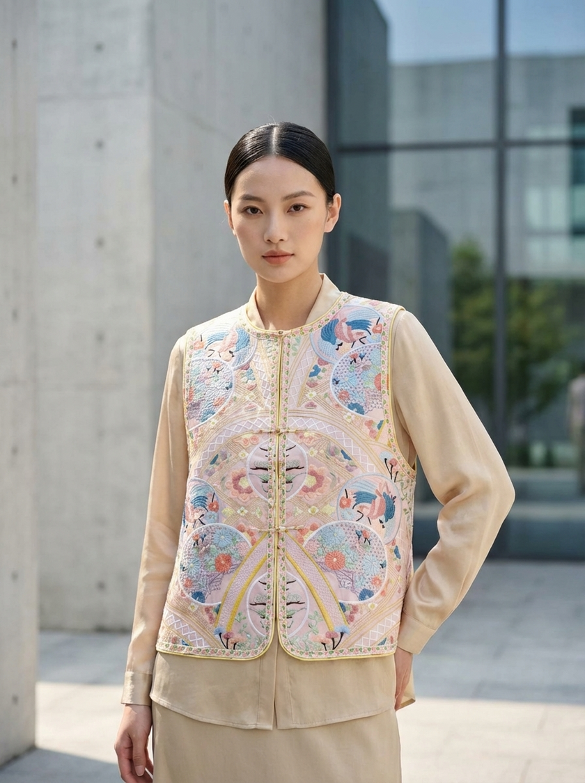 Pink Full Embroidered Chinese Magpie Vest | Roundel Embroidery Oriental Waistcoat with Magpie &Auspicious Cloud Embroidery - Luxe Orienta CO., LIMITED