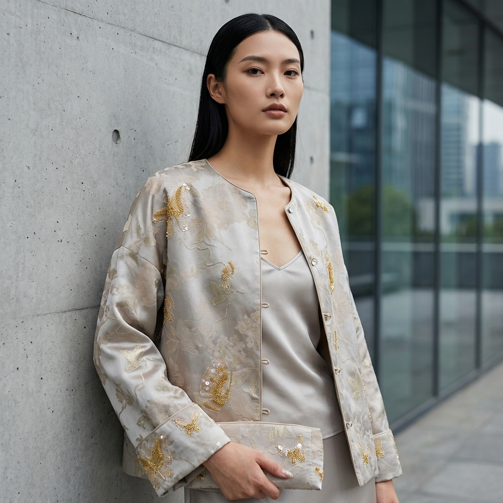 Grey Butterfly Beaded Mulberry Silk Jacket | Modern Chinese Embroidered Luxury - Luxe Orienta CO., LIMITED