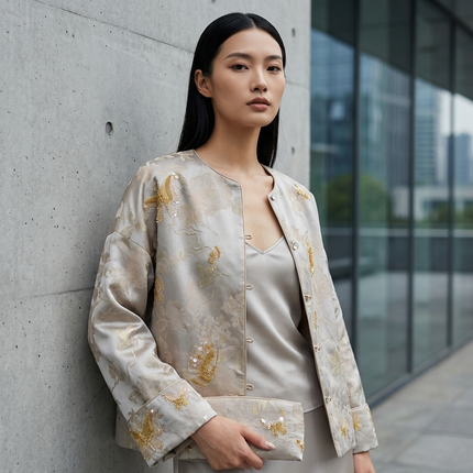 Grey Butterfly Beaded Mulberry Silk Jacket | Modern Chinese Embroidered Luxury - Luxe Orienta CO., LIMITED