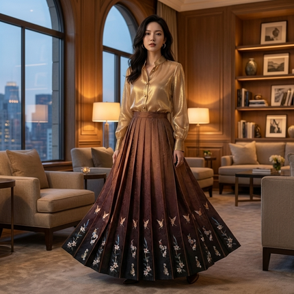 Champagne Silk Jacquard Chinese Blouse – Lantern Sleeve Long-Sleeve Shirt with Pearl Buttons | Luxe Orienta - Luxe Orienta CO., LIMITED