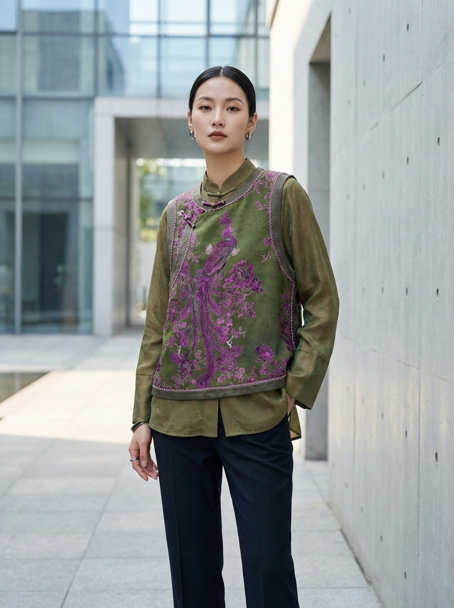 Purple Phoenix Embroidered Chinese Vest – Luxury Phoenix Chinese Waistcoat with Knot Buttons - Luxe Orienta CO., LIMITED