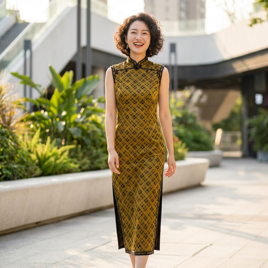 100% Mulberry Silk Xiangyunsha Mustard Black Check Sleeveless Qipao Dress | LUXE ORIENTA - Luxe Orienta CO., LIMITED