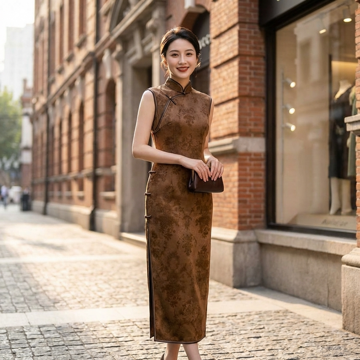 Vintage Brown Xiangyunsha Sleeveless Qipao Dress | LUXE ORIENTA Luxury Cheongsam - Luxe Orienta CO., LIMITED