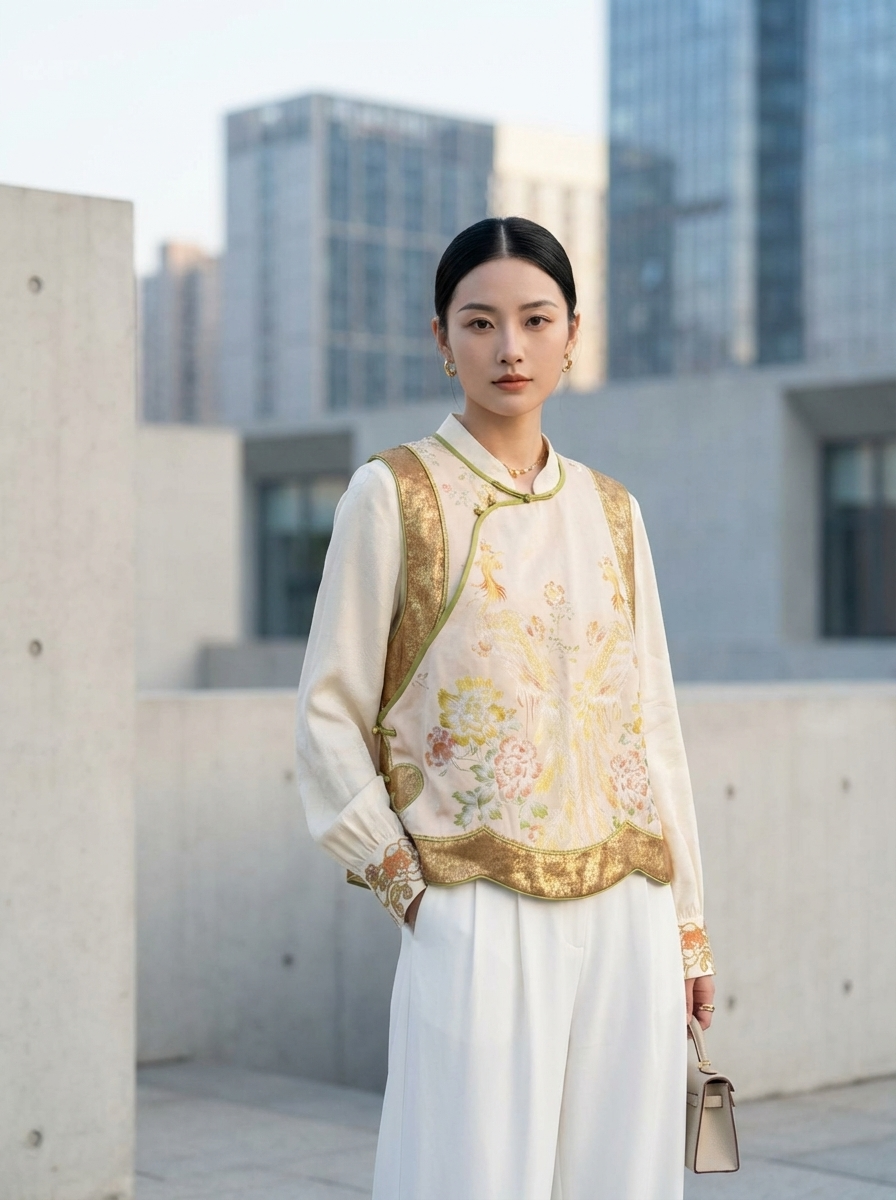 Beige Phoenix Gold Jacquard Embroidered Vest – Modern Chinese Style Waistcoat | LUXE ORIENTA - Luxe Orienta CO., LIMITED