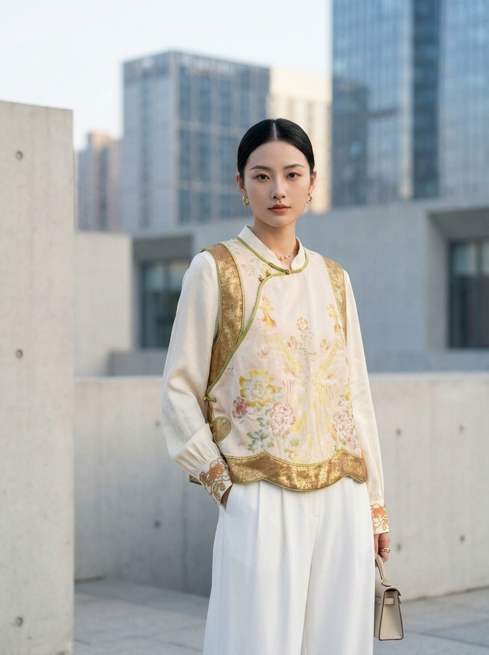 Beige Phoenix Gold Jacquard Embroidered Vest – Modern Chinese Style Waistcoat | LUXE ORIENTA - Luxe Orienta CO., LIMITED