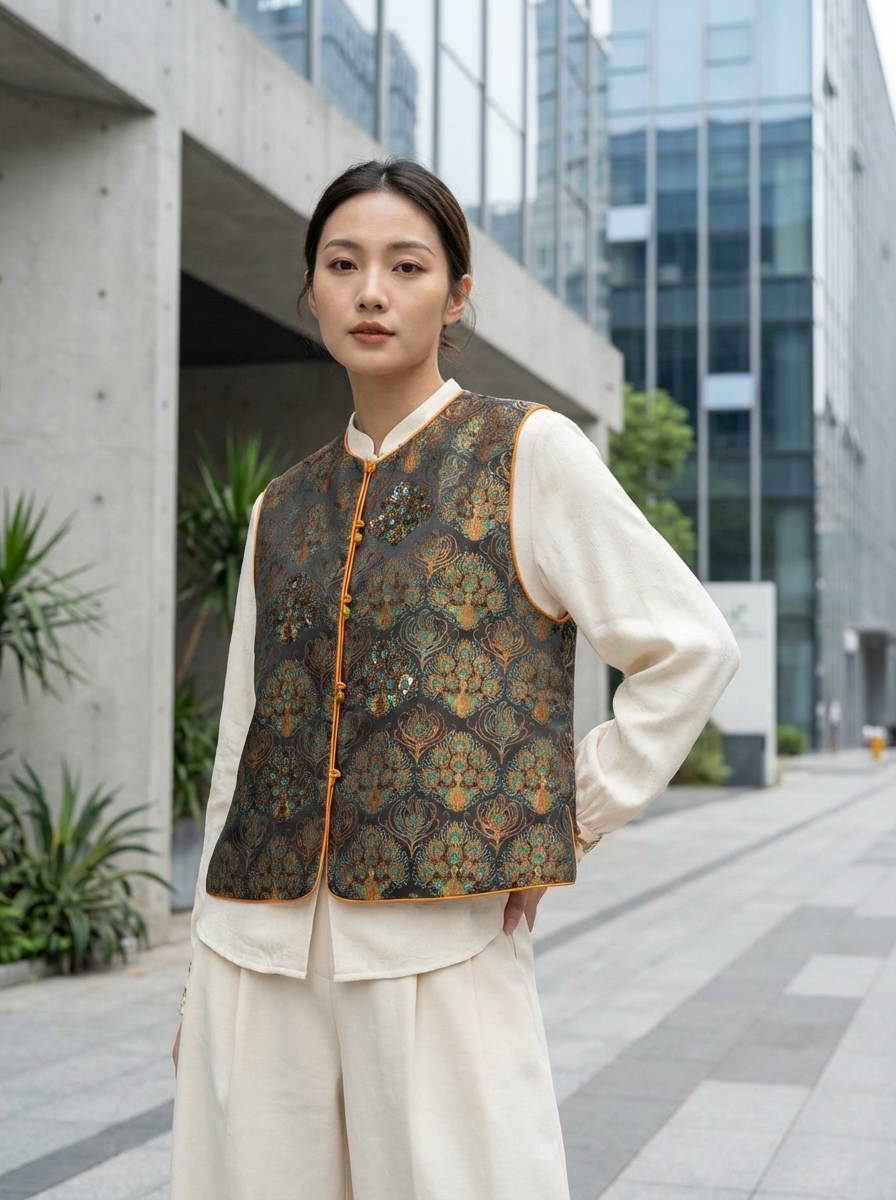 Yellow Peacock Embroidered Beaded Vest | Modern Chinese Sleeveless Jacket | LUXE ORIENTA - Luxe Orienta CO., LIMITED