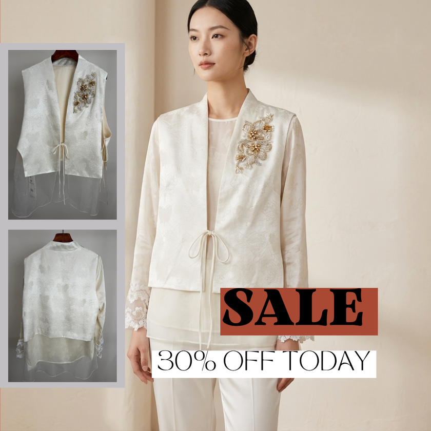 White Beaded Jacquard Acetate Vest – Modern Chinese Luxury Tie-Front Waistcoat | Luxe Orienta