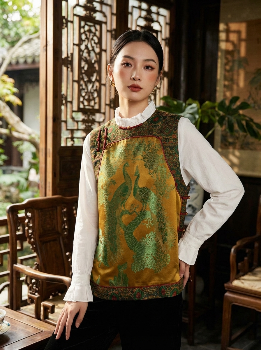 Peacock & Floral Embroidered Xiangyunsha Silk Vest | Modern Chinese Jacquard Waistcoat - Luxe Orienta CO., LIMITED