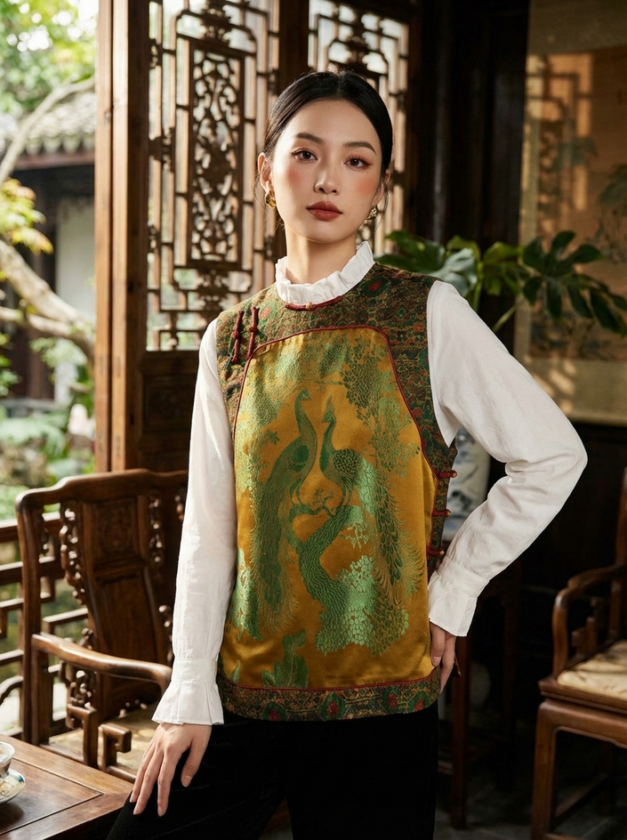 Peacock & Floral Embroidered Xiangyunsha Silk Vest | Modern Chinese Jacquard Waistcoat - Luxe Orienta CO., LIMITED