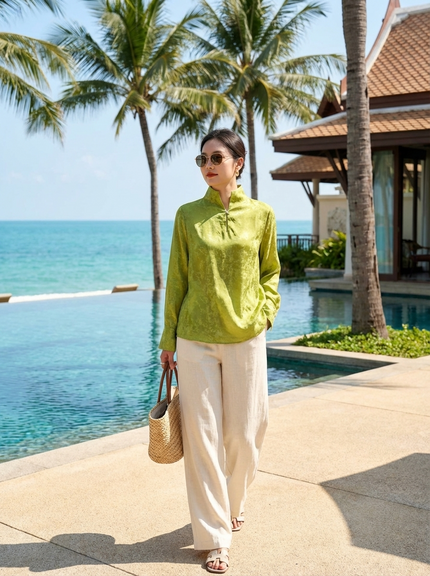 Green TENCEL™ Jacquard Long Sleeve Blouse | Minimalist Modern Chinese Style - Luxe Orienta CO., LIMITED