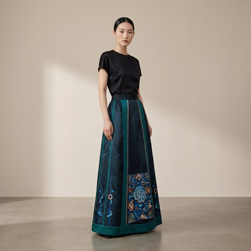 Poeny Embroidery Mulberry Silk Xiangyunsha Horse-Face Skirt -LUXE ORIENTA Fashion - Luxe Orienta CO., LIMITED