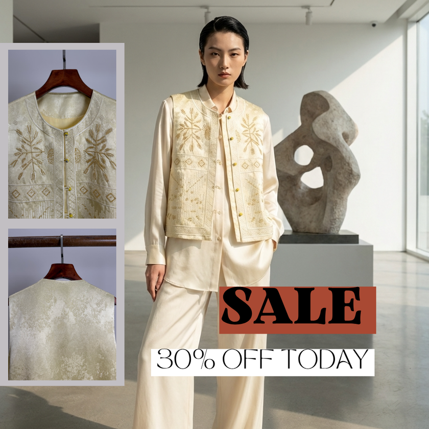 Beige Hand-Beaded Embroidered Linen Rayon Vest | Luxe Orienta Modern Chinese Vest
