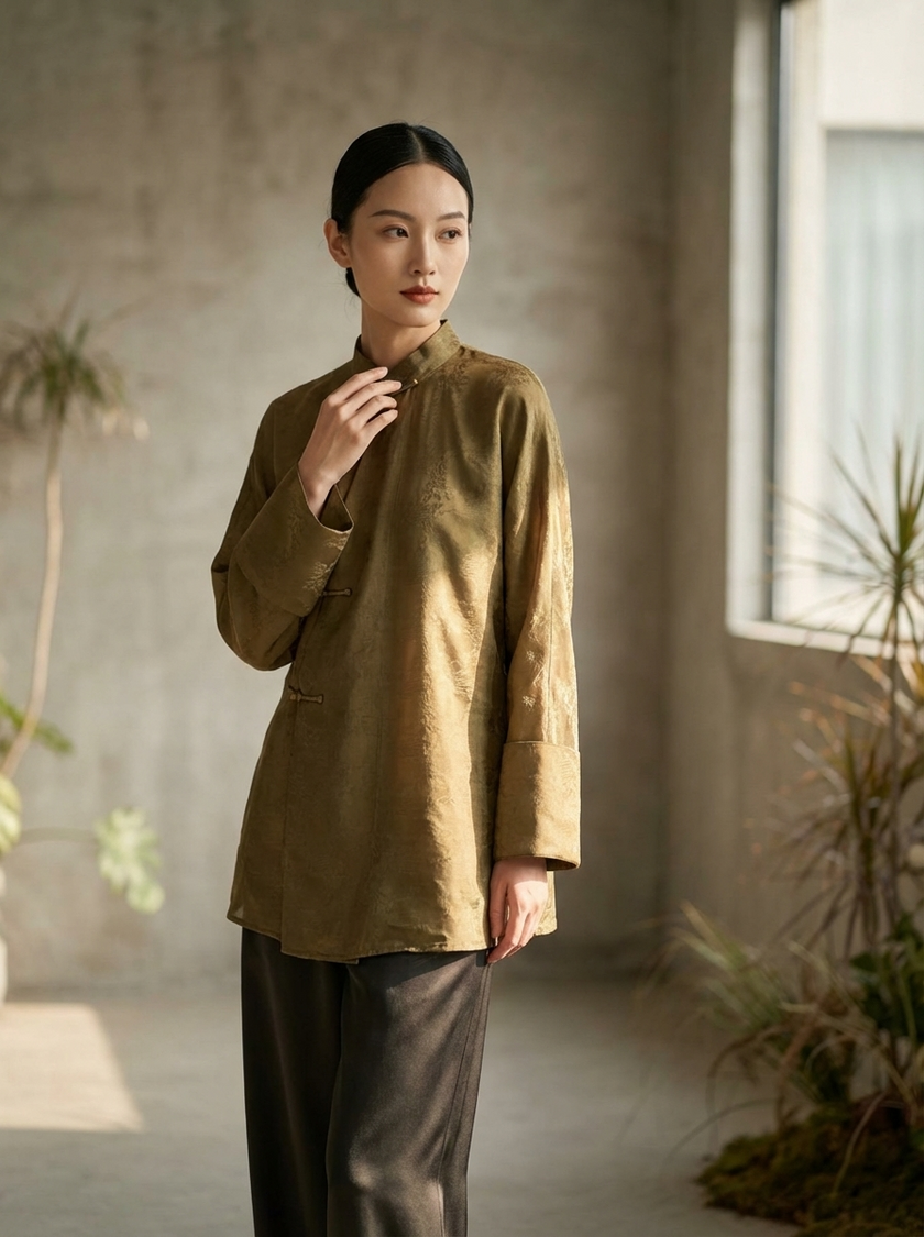 Mulberry Silk Jacquard Mandarin Collar Blouse | Modern Chinese Frog Button Shirt - Luxe Orienta CO., LIMITED