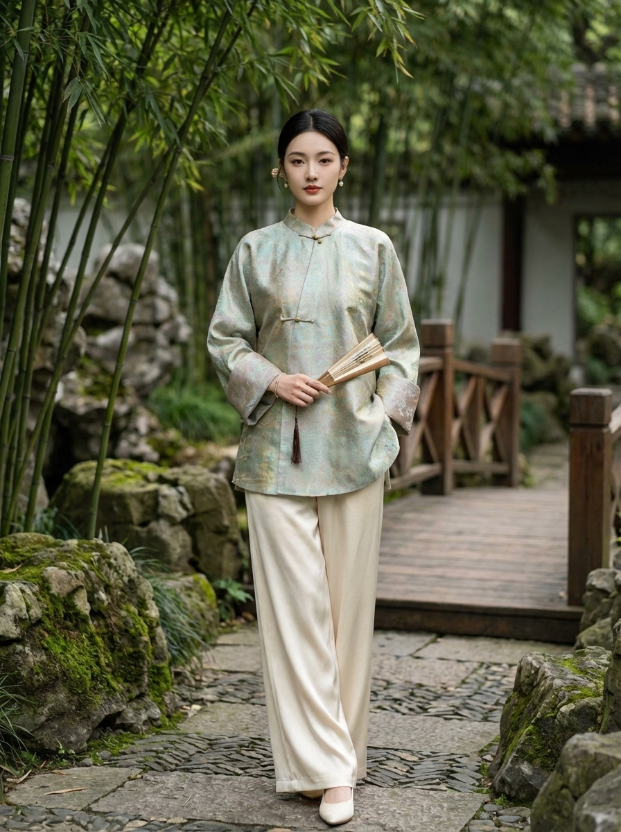 Mulberry Silk Jacquard Frog Button Blouse with Auspicious Cloud Motif| Modern Chinese Silk Shirt - Luxe Orienta CO., LIMITED