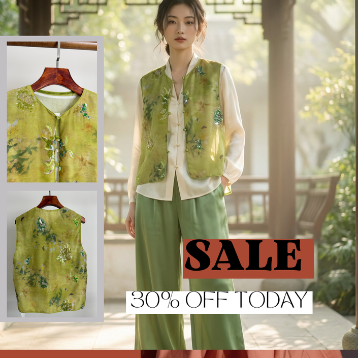 Green Organza Vest with 3D Beaded Floral Embroidery | Luxe Orienta Modern Chinese Vest