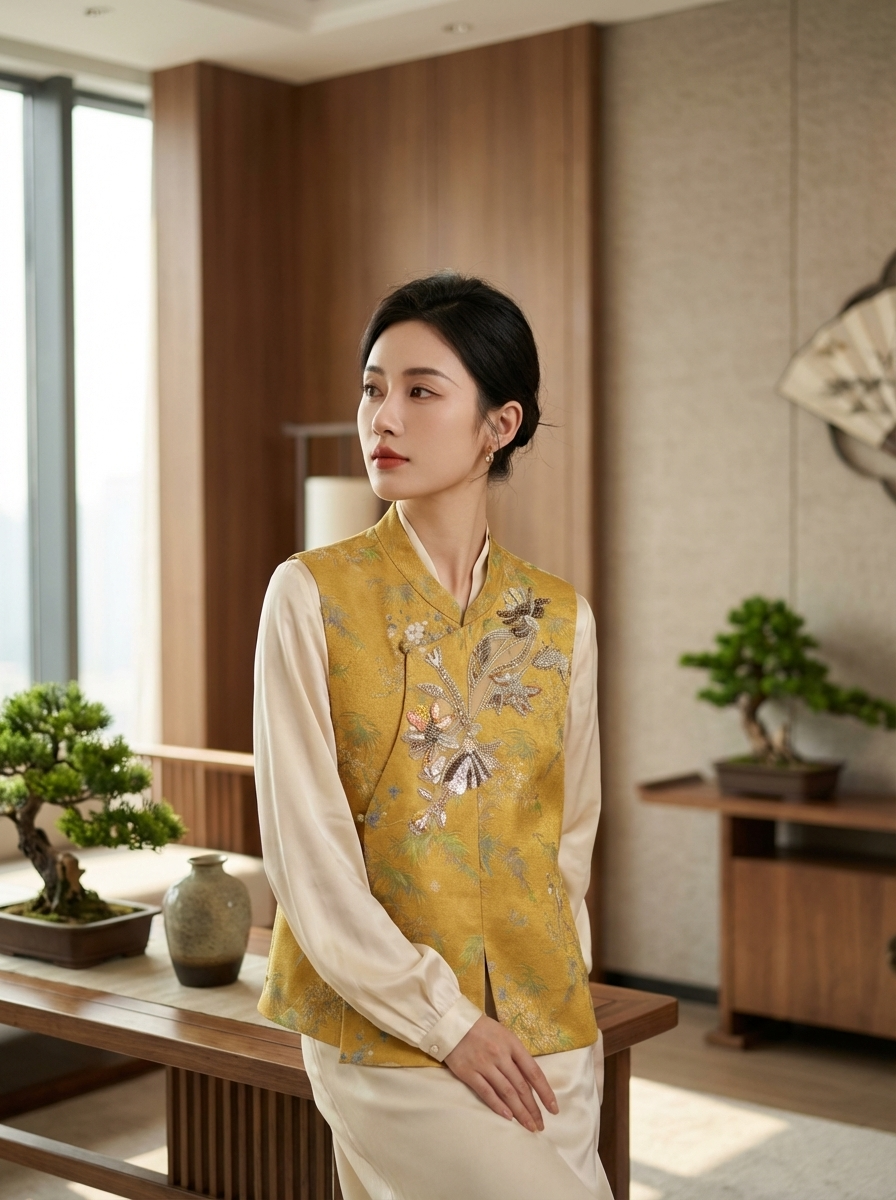 Yellow Beaded Embroidered Bamboo Vest | 100% Viscose Modern Chinese Elegance - Luxe Orienta CO., LIMITED
