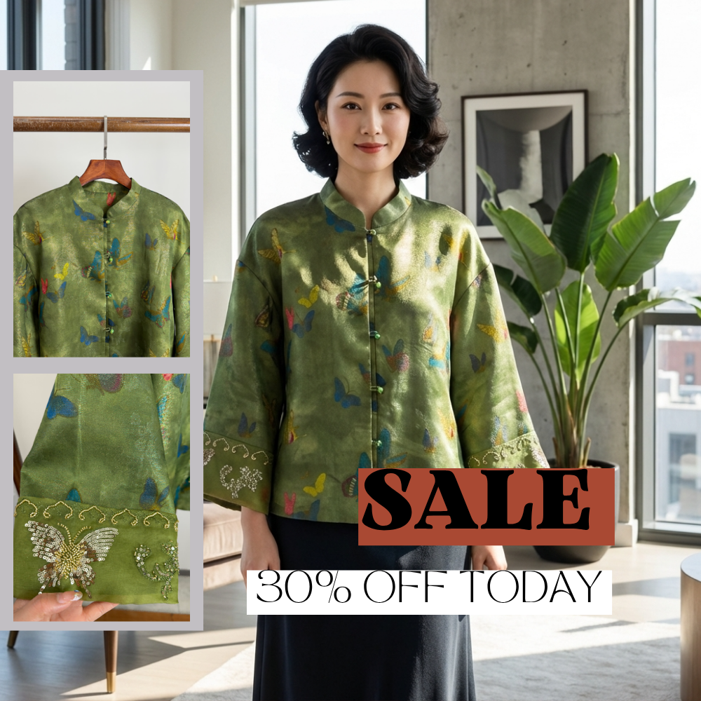 Grüne Seiden-Schmetterlings-Chinesische Jacke – Maulbeer-Seiden Offenes Oberteil mit Bestickten Details | LUXE ORIENTA