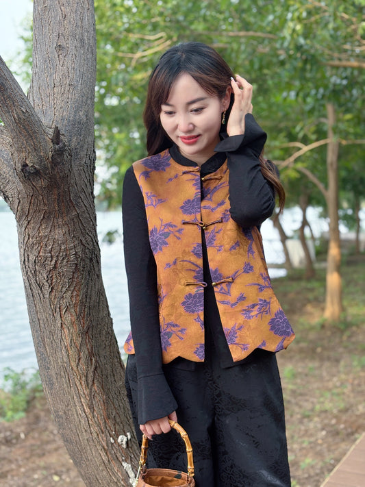 Brown Rayon Jacquard Vest | Luxe Orienta Modern Chinese Vest