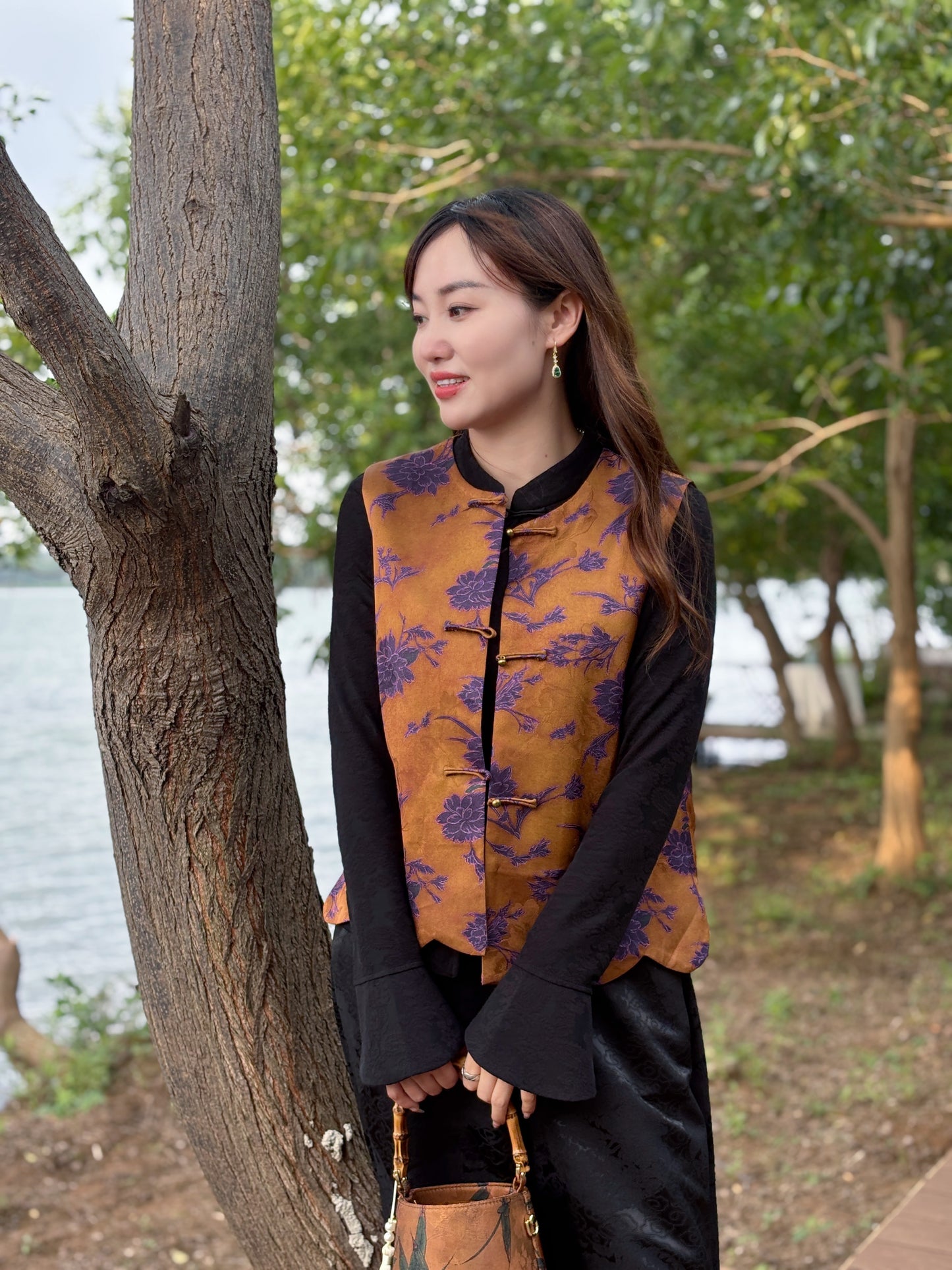 Brown Rayon Jacquard Vest | Luxe Orienta Modern Chinese Vest