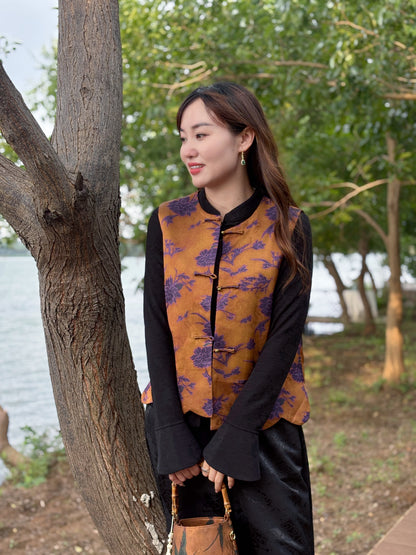 Brown Rayon Jacquard Vest | Luxe Orienta Modern Chinese Vest