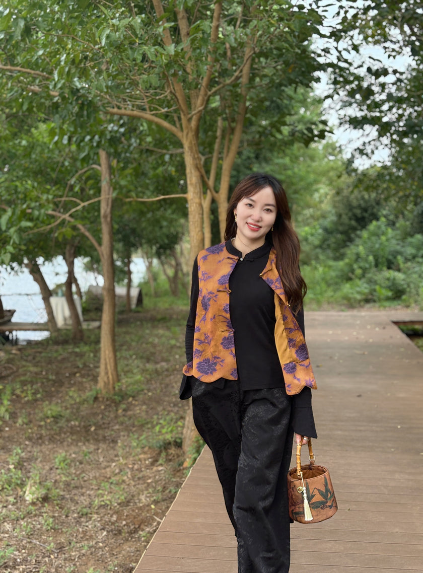 Brown Rayon Jacquard Vest | Luxe Orienta Modern Chinese Vest - Luxe Orienta CO., LIMITED