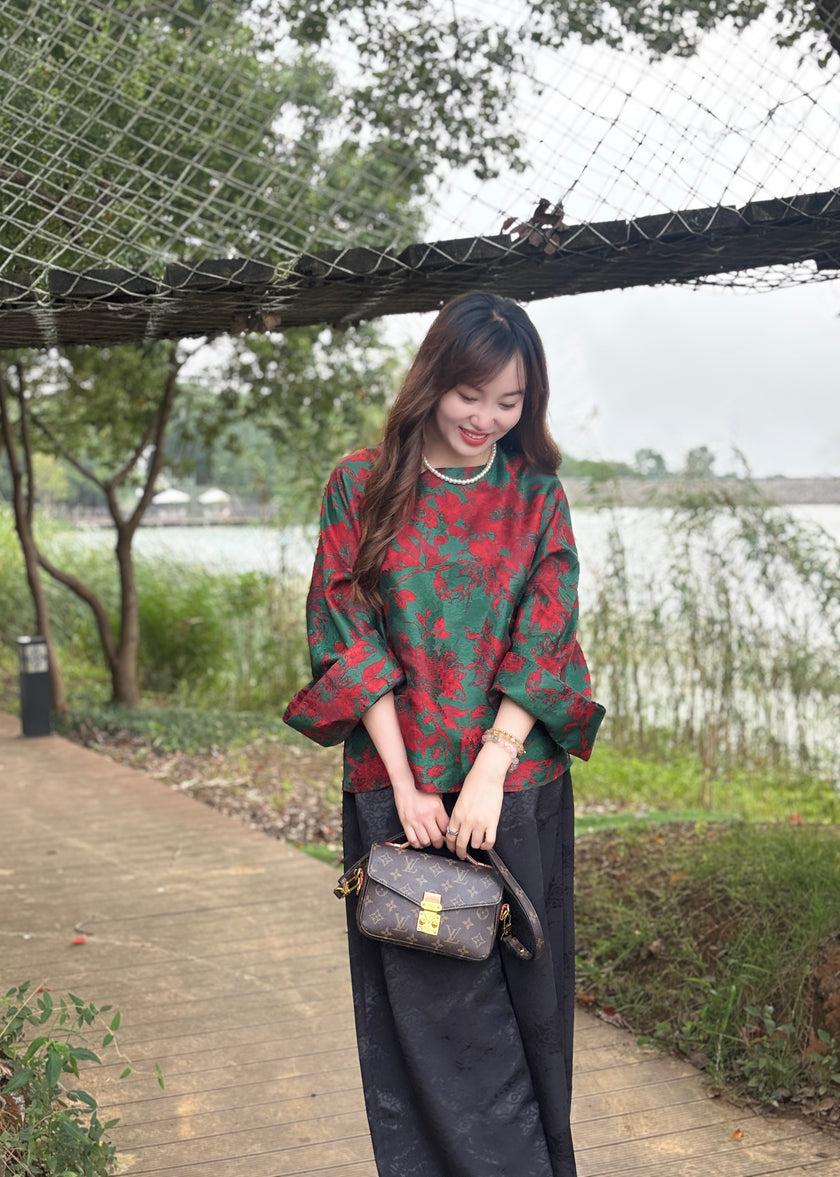 Red & Green Xiangyunsha Jacquard Top – Modern Heritage Elegance by LUXE ORIENTA - Luxe Orienta CO., LIMITED