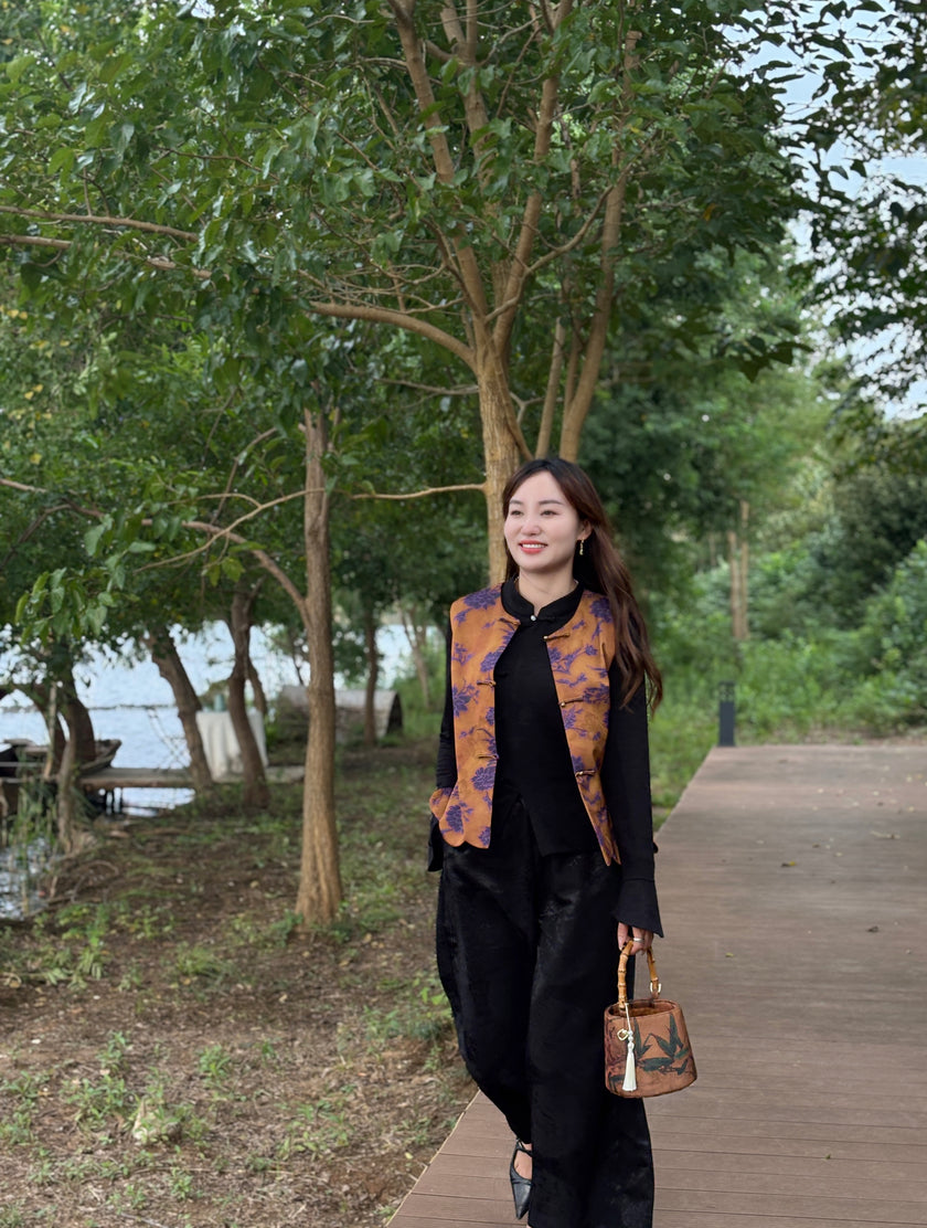 Brown Rayon Jacquard Vest | Luxe Orienta Modern Chinese Vest - Luxe Orienta CO., LIMITED