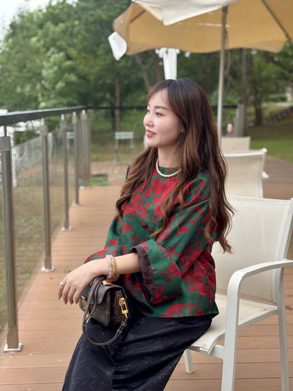 Red & Green Xiangyunsha Jacquard Top – Modern Heritage Elegance by LUXE ORIENTA - Luxe Orienta CO., LIMITED