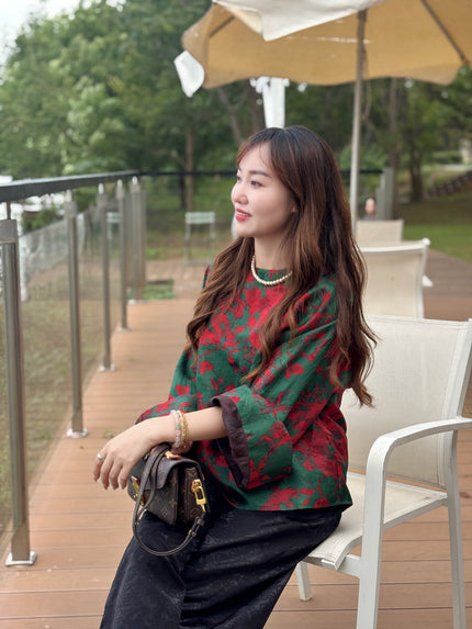 Red & Green Xiangyunsha Jacquard Top – Modern Heritage Elegance by LUXE ORIENTA - Luxe Orienta CO., LIMITED