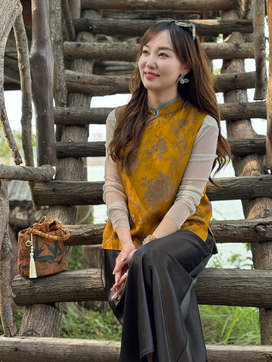 Yellow Rayon Jacquard Vest | Luxe Orienta Modern Chinese Fashion