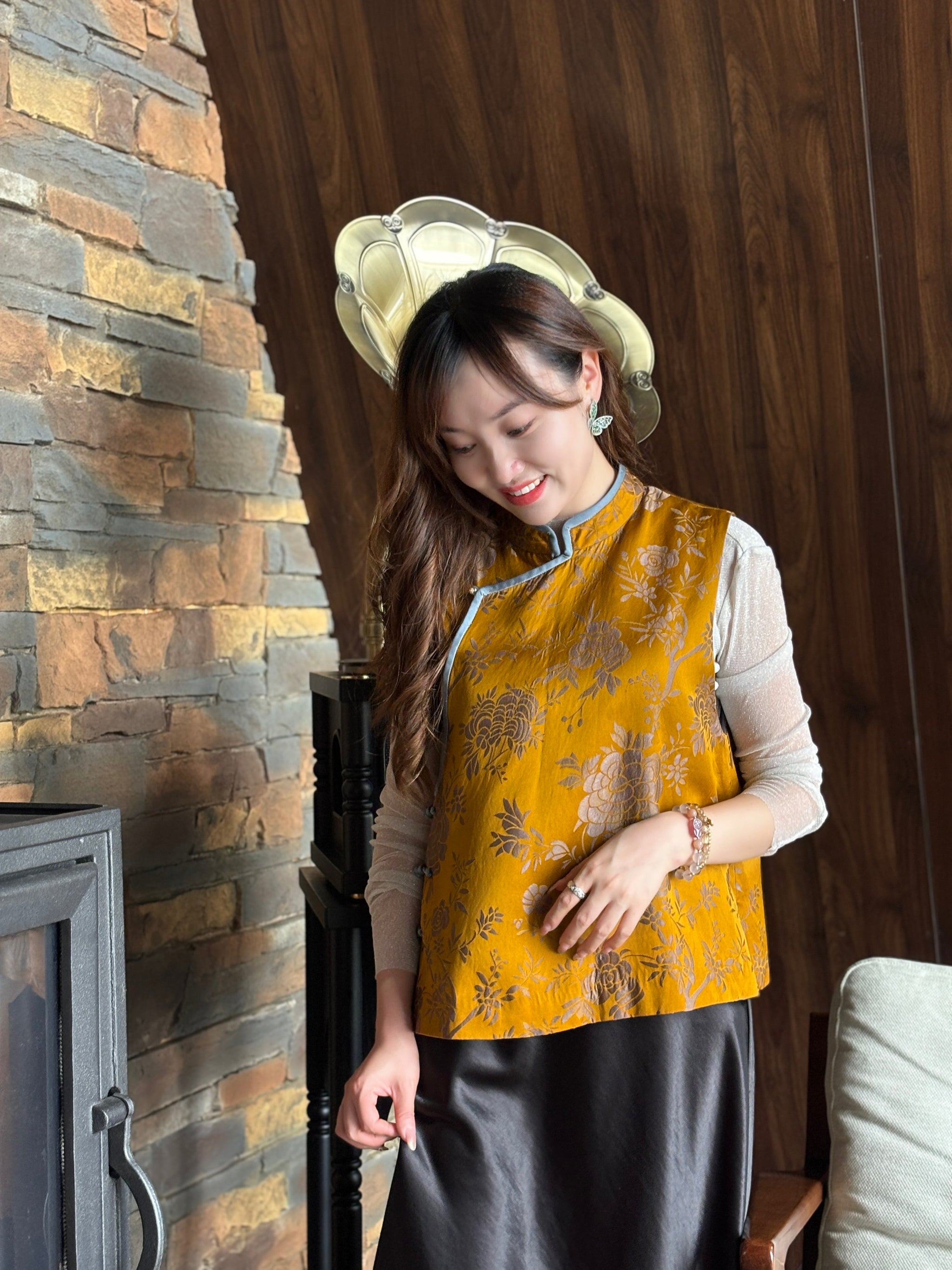 Yellow Rayon Jacquard Vest | Luxe Orienta Modern Chinese Fashion - Luxe Orienta CO., LIMITED