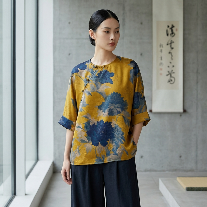 Yellow Peony Print Xiangyunsha Blouse-Luxe Orienta Modern Chinese Style Top - Luxe Orienta CO., LIMITED