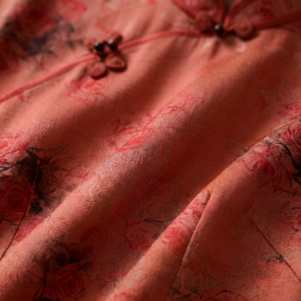 100% Mulberry Silk Xiangyunsha Rust Red Floral Print Short Sleeve Qipao Dress | LUXE ORIENTA - Luxe Orienta CO., LIMITED