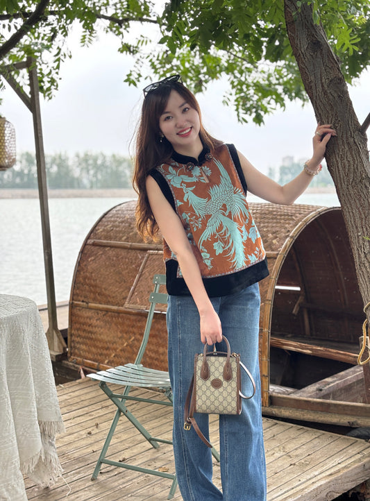 Brown Phoenix & Peony Xiangyunsha Vest | Symbolic Chinese Elegance