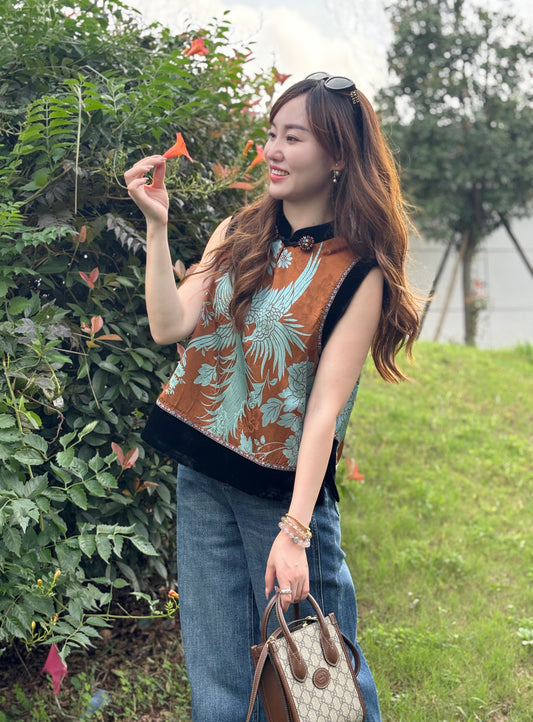 Brown Phoenix & Peony Xiangyunsha Vest | Symbolic Chinese Elegance
