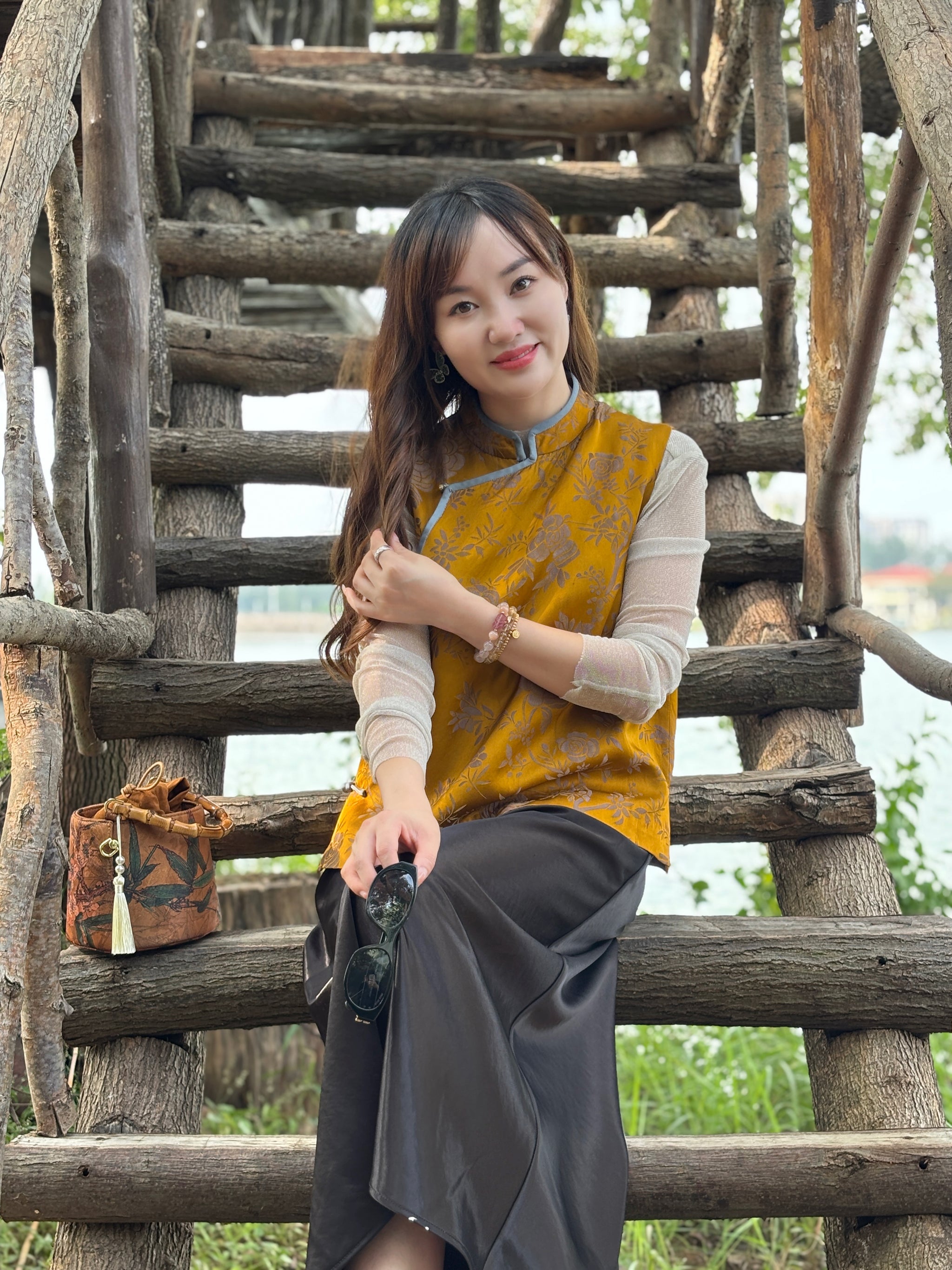 Yellow Rayon Jacquard Vest | Luxe Orienta Modern Chinese Fashion - Luxe Orienta CO., LIMITED