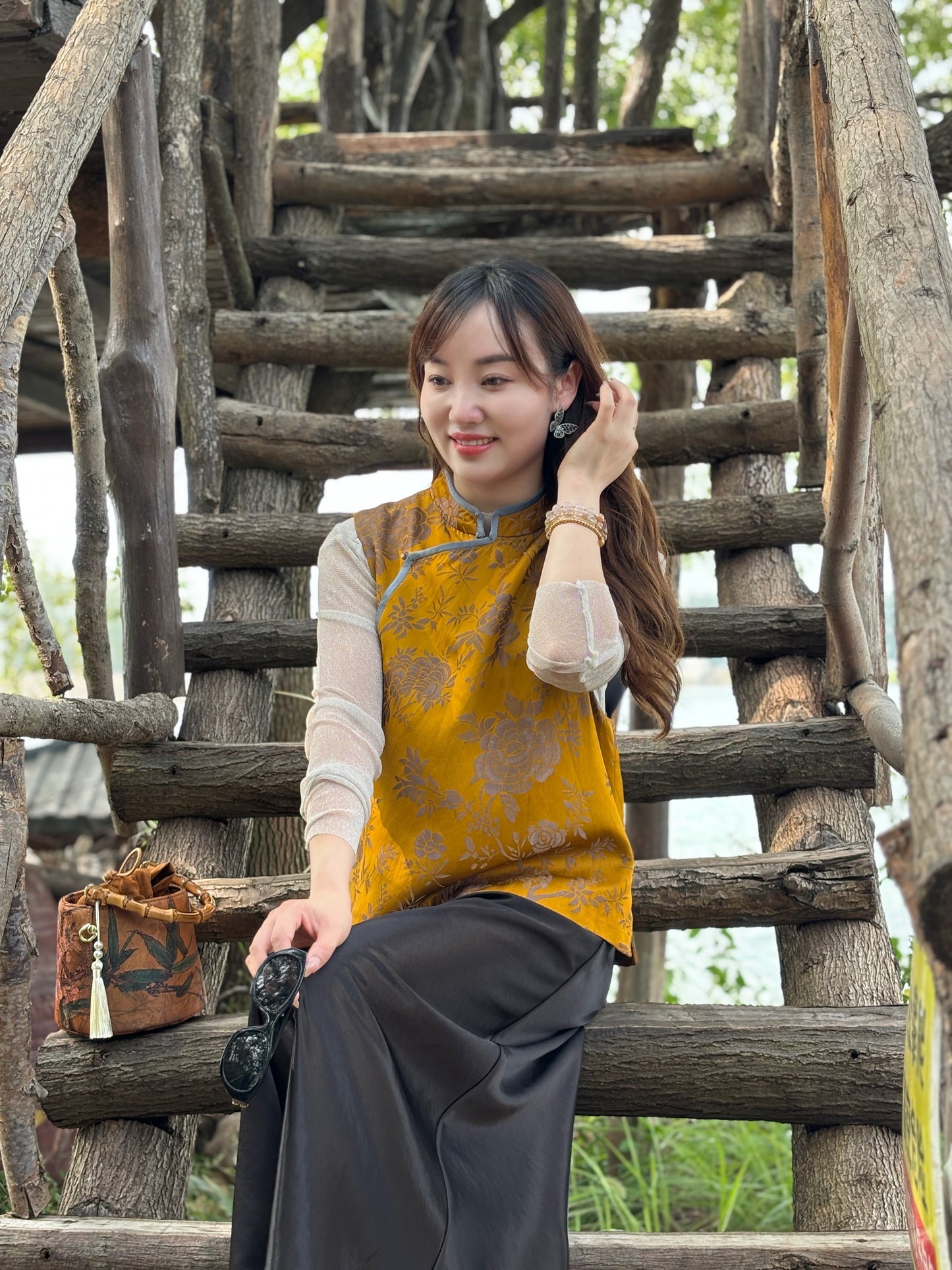 Yellow Rayon Jacquard Vest | Luxe Orienta Modern Chinese Fashion