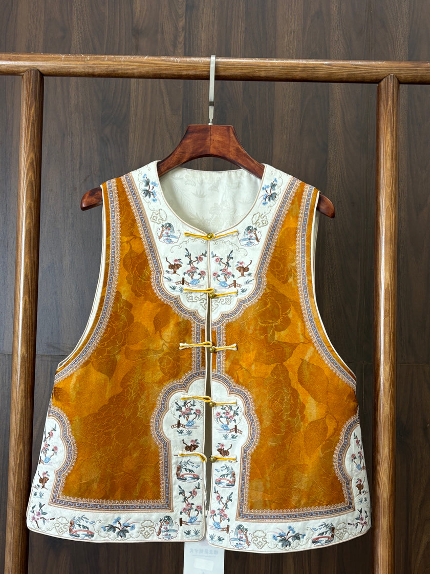 黃色宋錦刺繡雙面穿馬甲 Yellow Songjin Embroidered Reversible Vest - Luxe Orienta CO., LIMITED