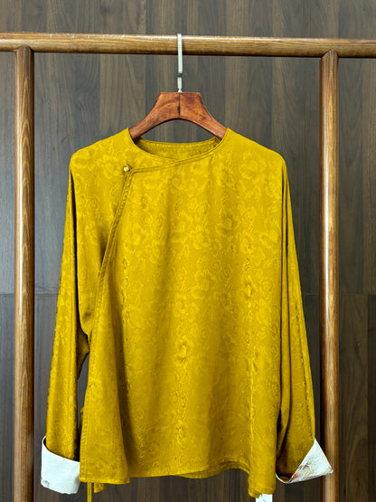 黃色絲質花蘿提花上衣 Yellow Silk Floral Jacquard Top - Luxe Orienta CO., LIMITED