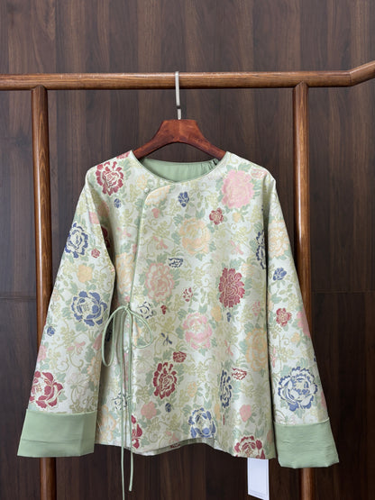 人絲提花綠色斜襟上衣 Green Rayon Jacquard Slanted Collar Top - Luxe Orienta CO., LIMITED