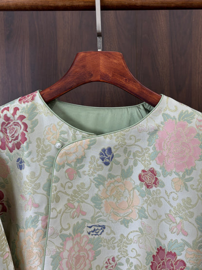 人絲提花綠色斜襟上衣 Green Rayon Jacquard Slanted Collar Top - Luxe Orienta CO., LIMITED