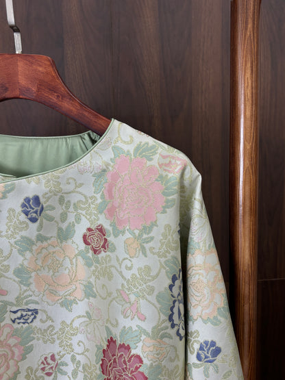 人絲提花綠色斜襟上衣 Green Rayon Jacquard Slanted Collar Top - Luxe Orienta CO., LIMITED