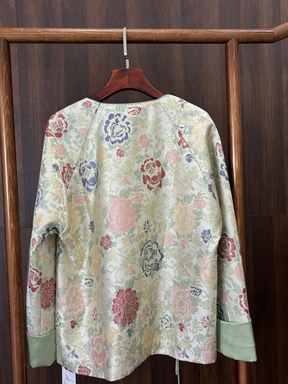人絲提花綠色斜襟上衣 Green Rayon Jacquard Slanted Collar Top - Luxe Orienta CO., LIMITED