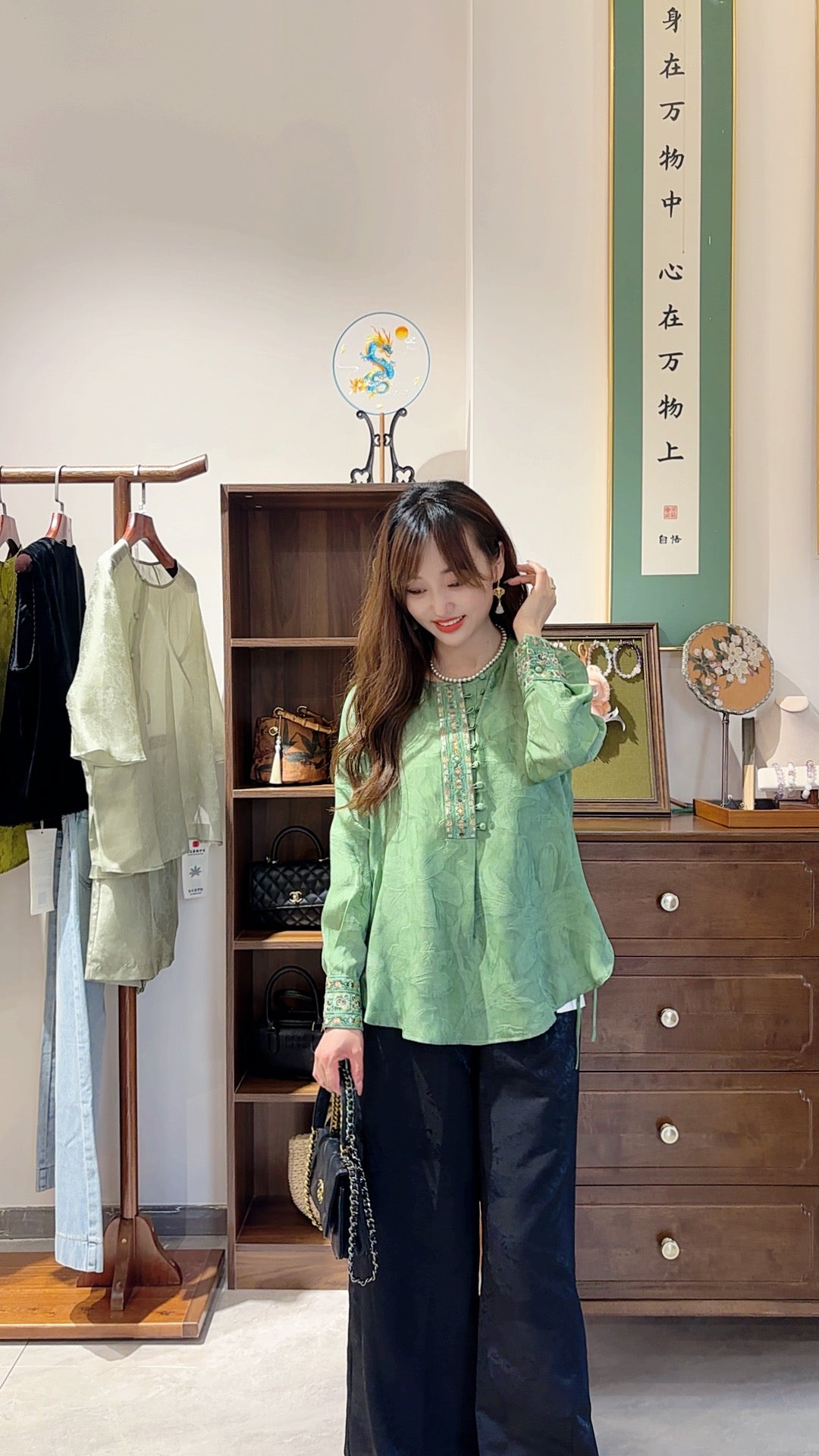 Green Silk Embroidered Blouse | Luxe Orienta Modern Chinese Top - Luxe Orienta CO., LIMITED
