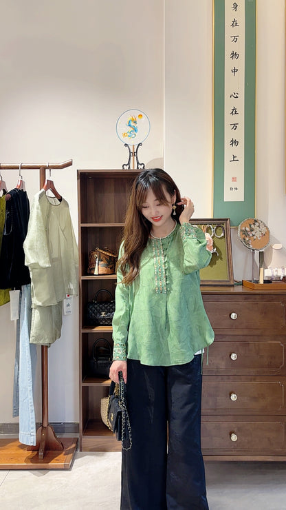 Green Silk Embroidered Blouse | Luxe Orienta Modern Chinese Top - Luxe Orienta CO., LIMITED