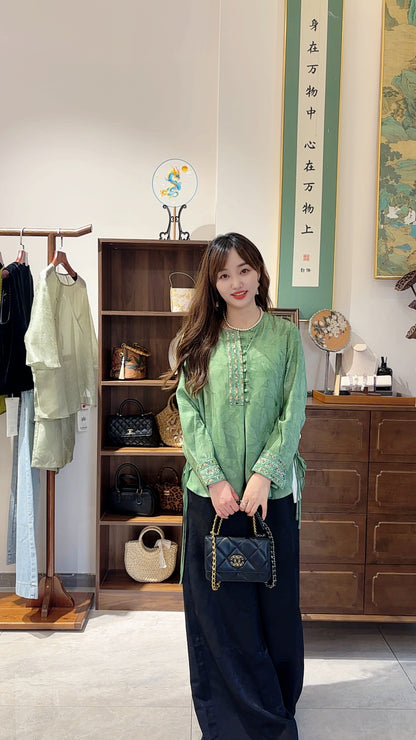 Green Silk Embroidered Blouse | Luxe Orienta Modern Chinese Top - Luxe Orienta CO., LIMITED