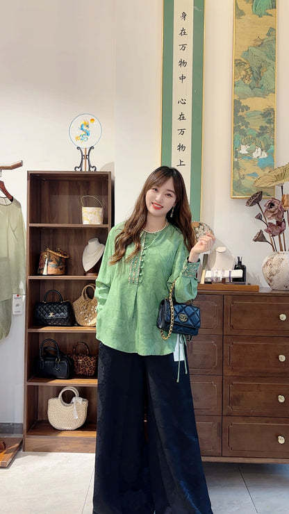 Green Silk Embroidered Blouse | Luxe Orienta Modern Chinese Top - Luxe Orienta CO., LIMITED