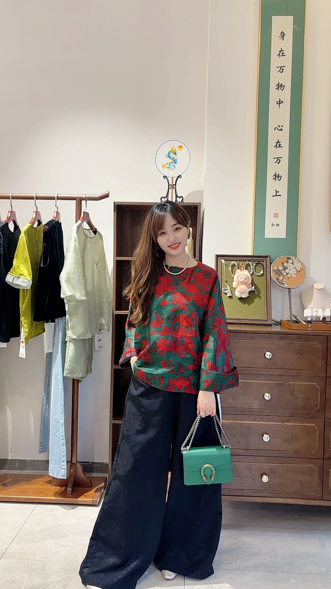 Red & Green Xiangyunsha Silk Jacquard Top – Modern Heritage Elegance by LUXE ORIENTA - Luxe Orienta CO., LIMITED